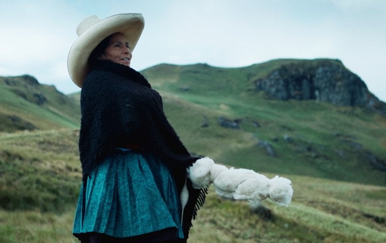A side shot of Maxima Acuna, an indigenous Peruvian, middle-aged woman stands in traditional shawl, skirt and large-brimmed hat looking to her right. There are mountains and green land behind her.