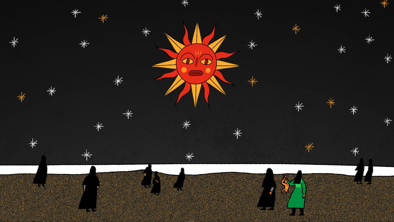 Drawing of sun and mountains. White stars appear in sky over a black background.
