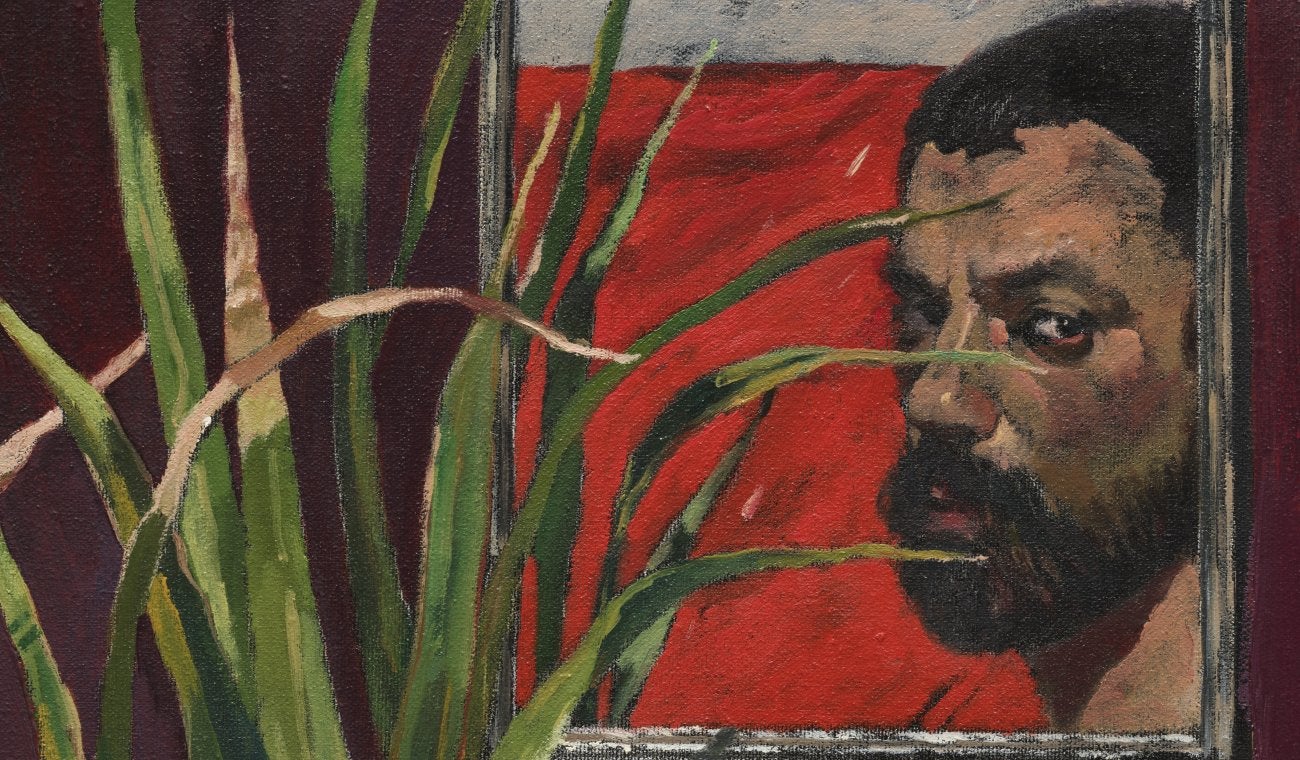 Painting of a man with moustache, red background, a plant