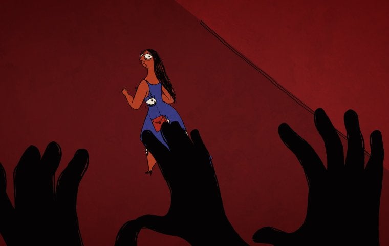 Illustration by Doaa el-Adl, depicting a woman in a purple dress with eyes all over it, running from giant hands. 
