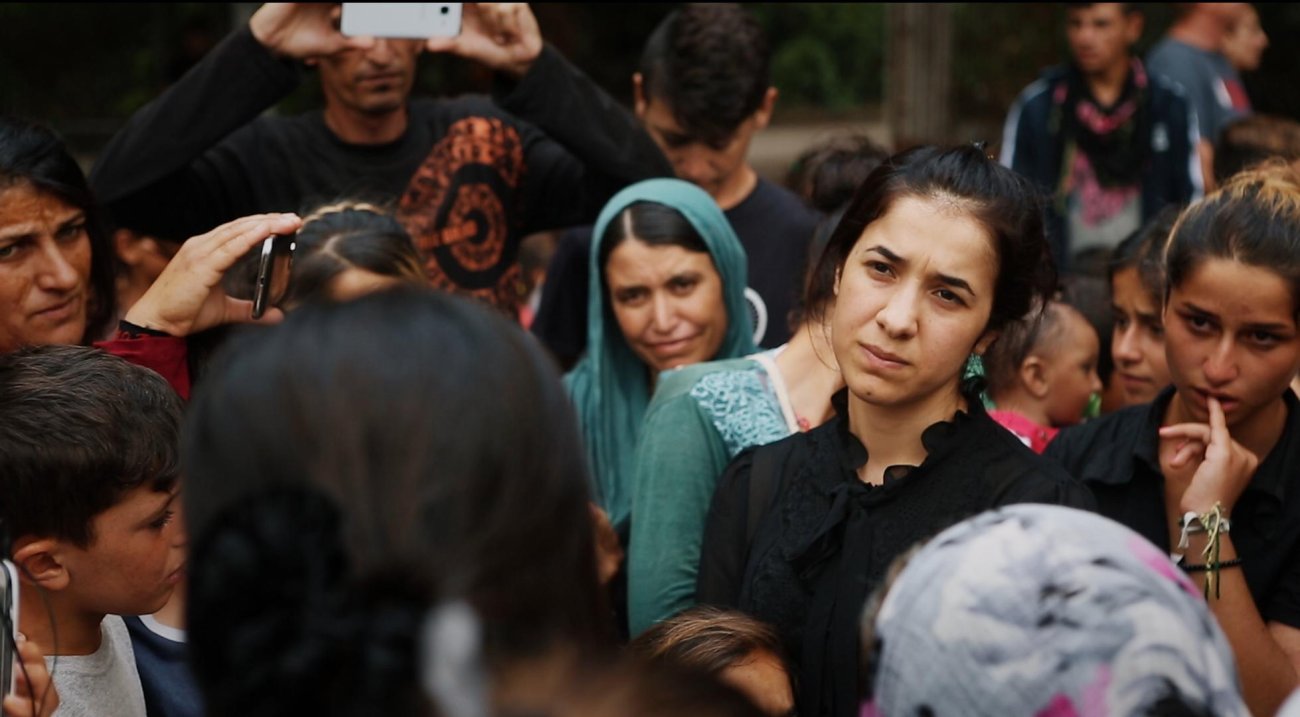 Image of Nadia Murad, Nobel prize winner and advocate for Yezidi women, from the film "On Her Shoulders" by Alexandria Bombach.
