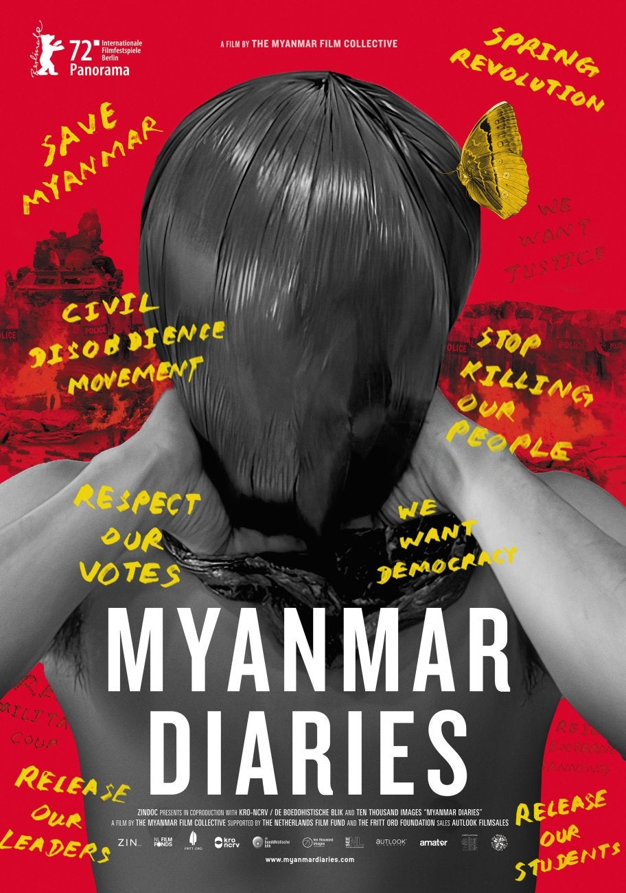 Poster for THE MYANMAR DIARIES with text that reads film title, and photo with a man with a plastic bag over his head.