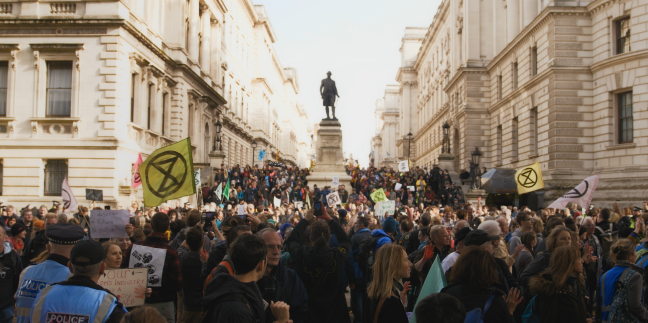 Photo of a protest crowd in Trafalgar Square