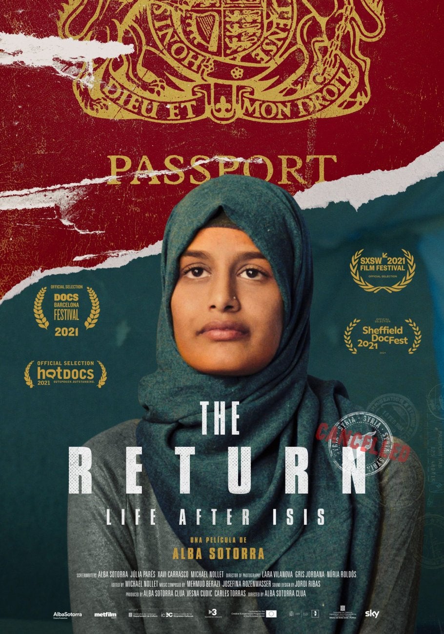 Poster image of a woman in hijab facing the camera. Laurels from film festivals frame her image on either side. In the background is an image of a red passport behind her.