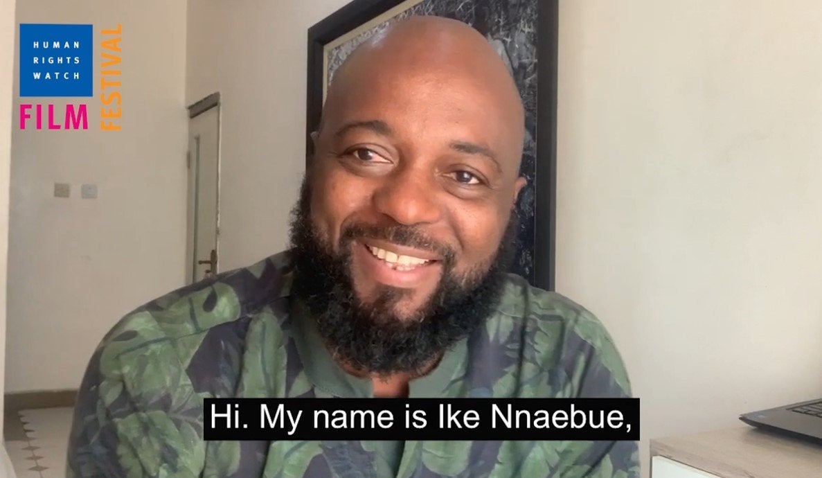 Filmmaker Ike Nnaebue talks to the camera
