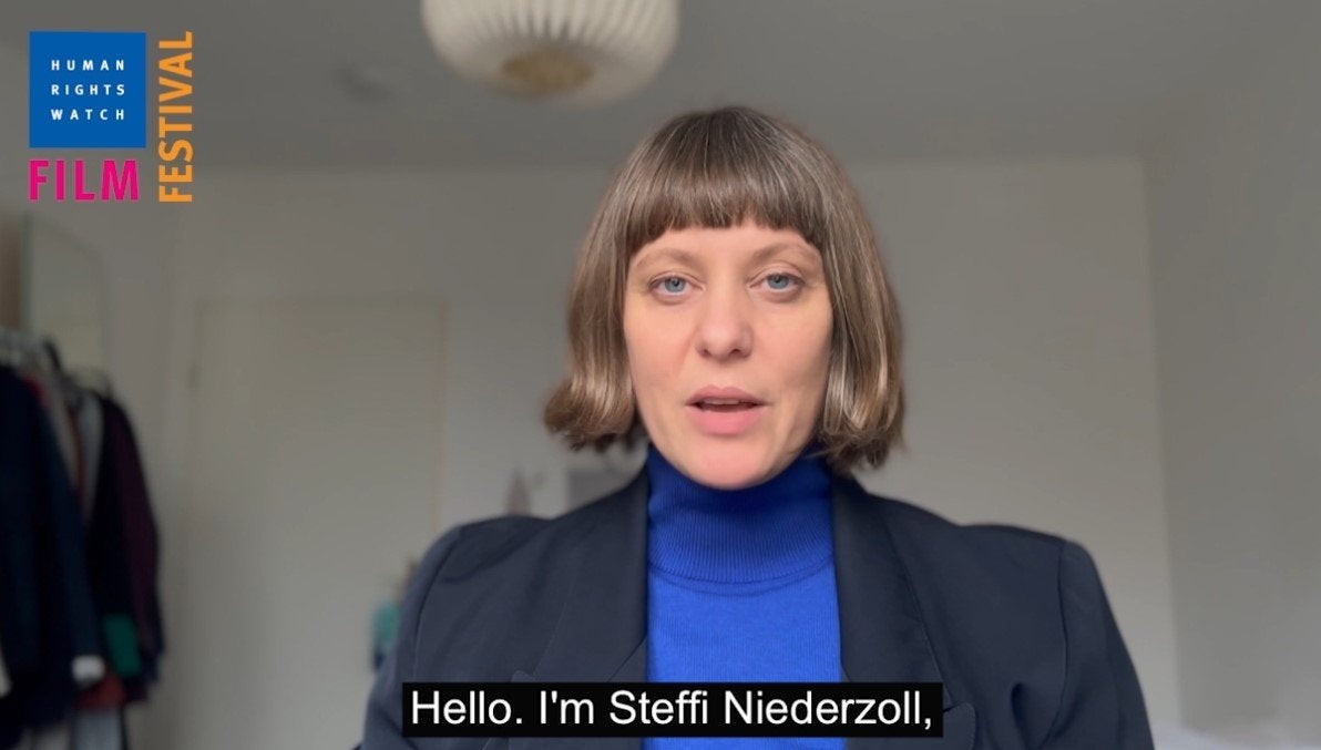 Filmmaker Steffi Niederzoll talks to the camera 