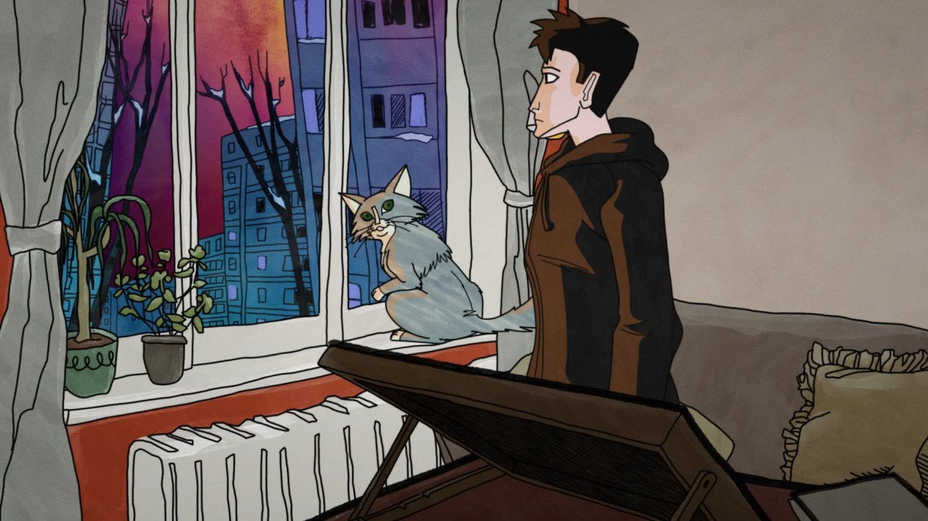 illustration of a woman sitting looking out of her window, her cat beside her