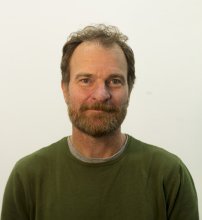 Man with light hair and beard looking at camera, wearing green sweater